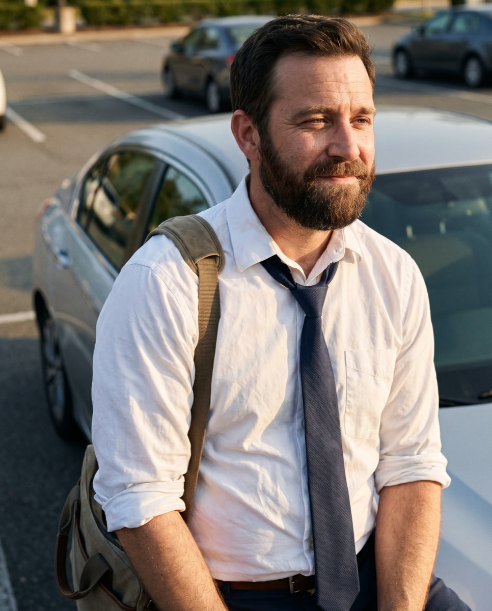 Man with a dark beard and loosened tie at the end of the workday