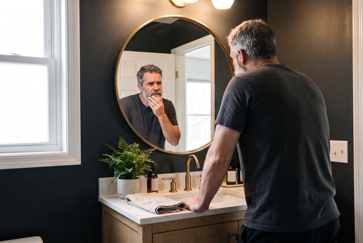 Man with a graying beard and hair looking at himself in the bathroom mirror