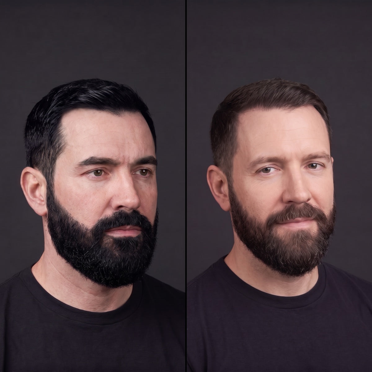 Flat jet-black dyed beard next to a natural brown beard