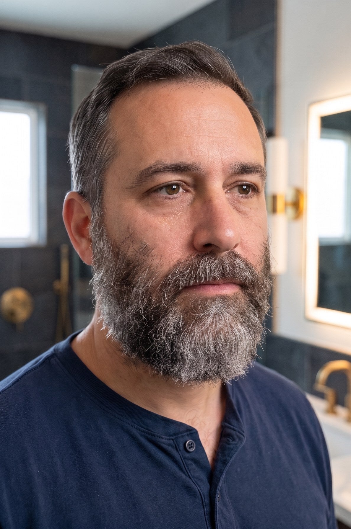 Man with a gray beard looking in the mirror